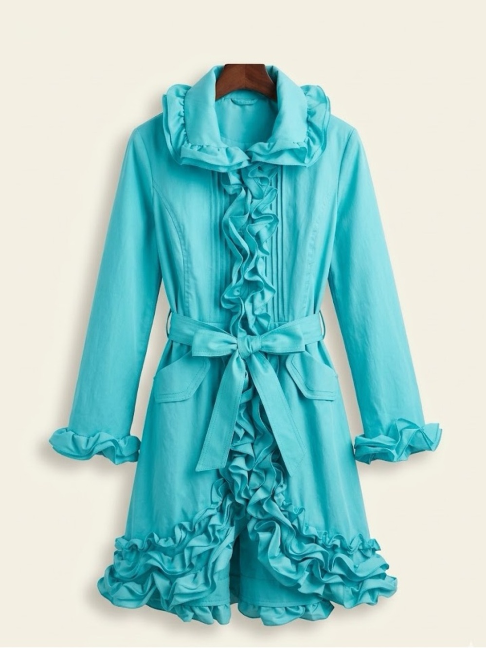 Samuel Dong Turquoise Ruffled Trench Coat Jacket Medium - Spring Statement GUC